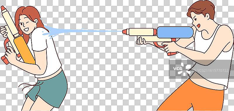 快乐的男孩和女孩在玩水枪游戏图片素材