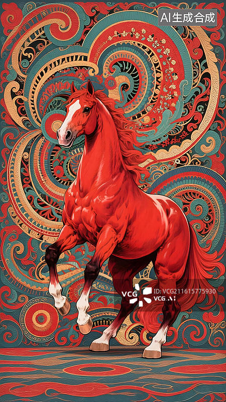【AI数字艺术】高饱和度，色彩丰富，极繁主义，不对称构图，细节完美，杰作。绘本风格。 一匹红色汗血宝马整体展示图片素材