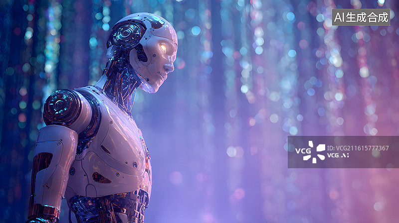 【AI数字艺术】机器人侧身站立于光斑背景图片素材