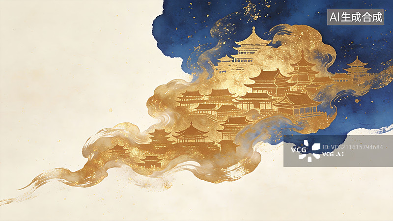 【AI数字艺术】金色云中古建筑群图片素材