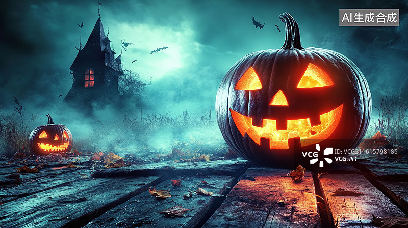 【AI数字艺术】万圣节南瓜灯与古堡夜景图片素材