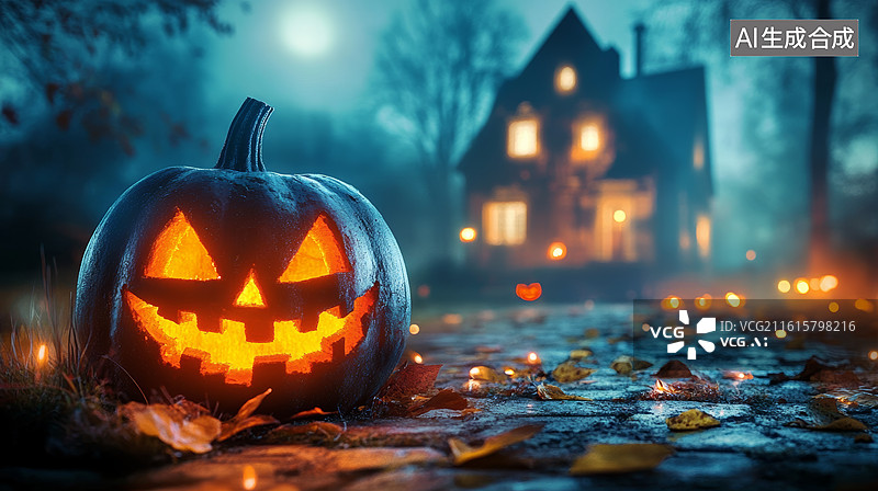 【AI数字艺术】万圣节南瓜灯与古堡夜景图片素材