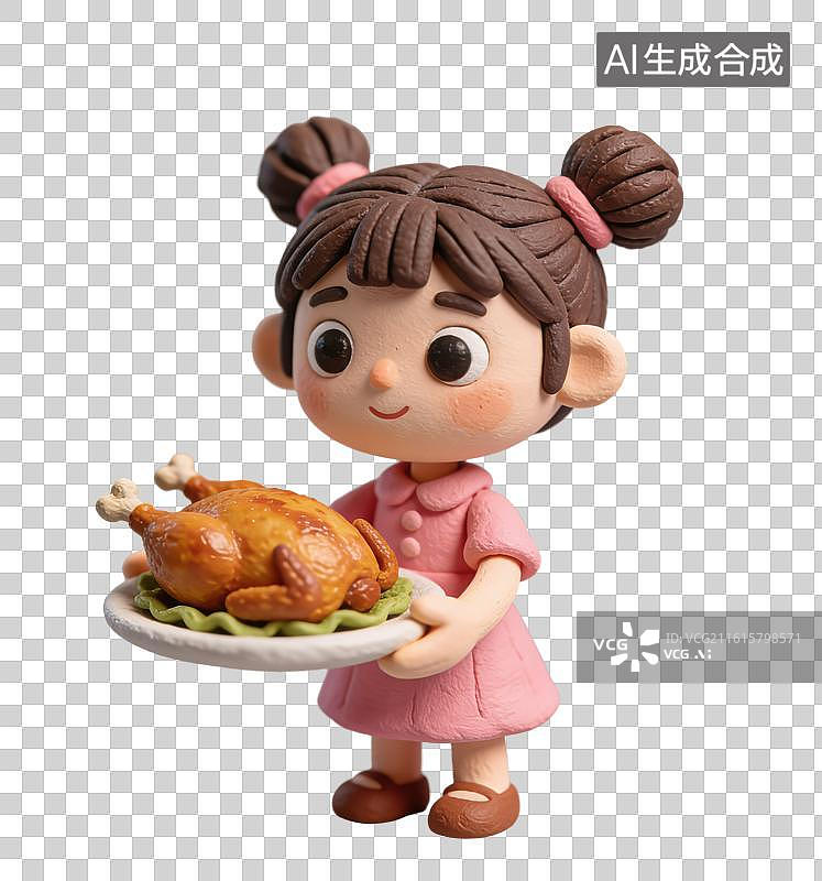 【AI数字艺术】3D粘土风身着粉色连衣裙的小女孩双手捧着盛有烤鸡烤鸭的白盘元素图片素材
