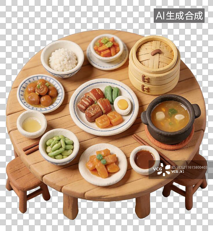 【AI数字艺术】3D粘土风春节过年除夕圆桌一家四口团圆一桌饭菜年夜饭元素图片素材