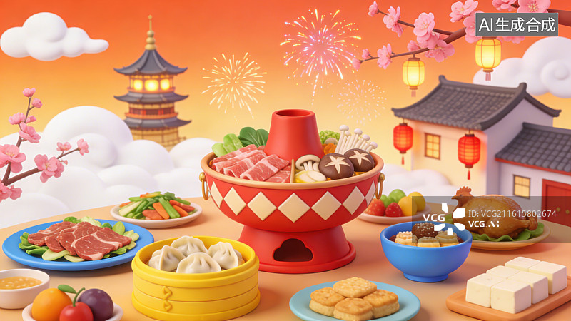 【AI数字艺术】3D三维桌上摆放着红纹铜锅火锅饺子丰盛菜肴新春团圆饭场景背景里点缀烟花桃花灯笼宝塔民居建筑图片素材