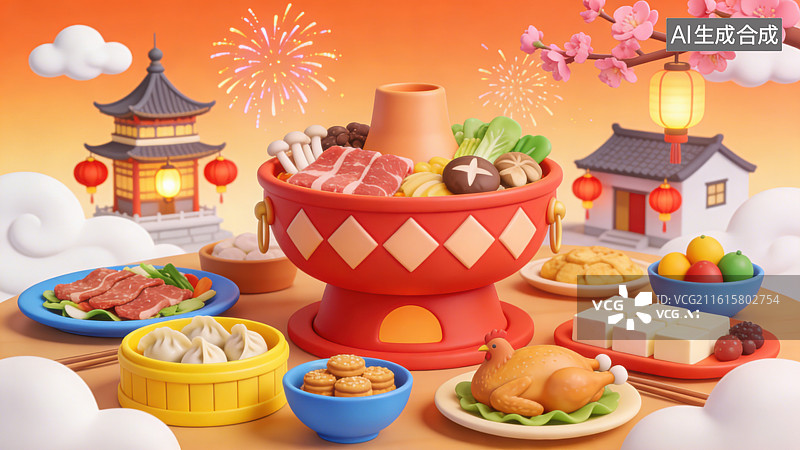 【AI数字艺术】3D三维桌上摆放着红纹铜锅火锅饺子丰盛菜肴新春团圆饭场景背景里点缀烟花桃花灯笼宝塔民居建筑图片素材