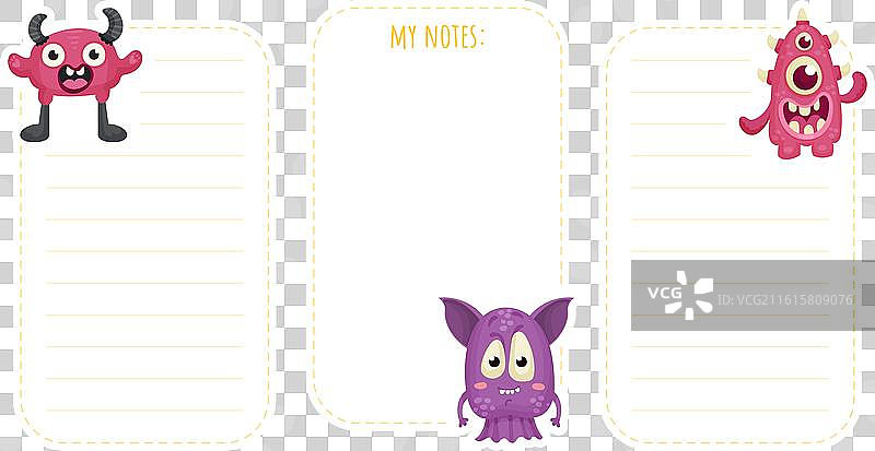 带有搞笑怪物角色和变异体的便签卡图片素材