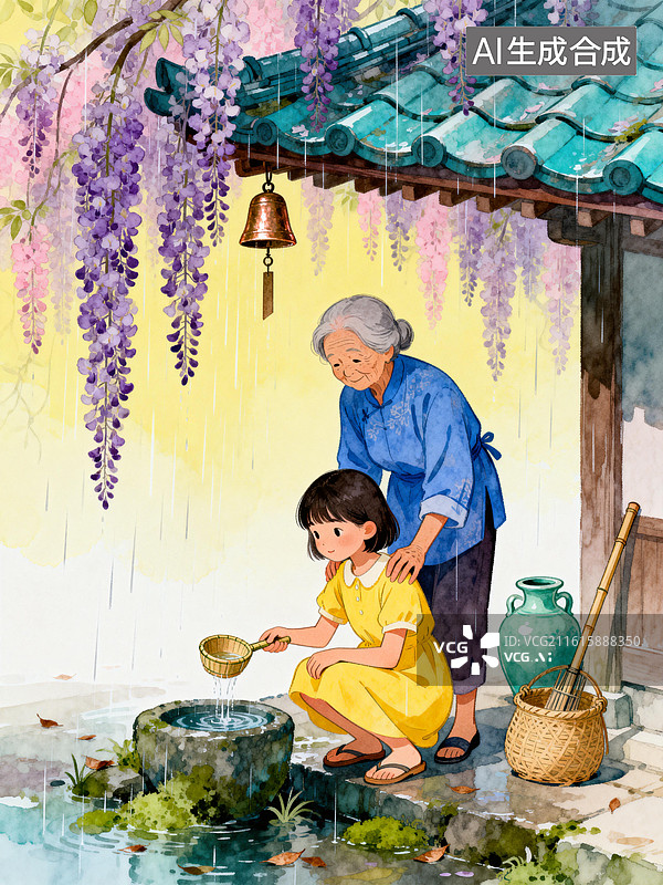 【AI数字艺术】雨天，紫藤花下奶奶陪孙女接雨水  四月谷雨创意插画图片素材