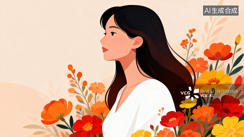 【AI数字艺术】女子侧脸与花卉插画图片素材