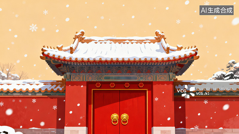 【AI数字艺术】雪中红墙古建筑图片素材