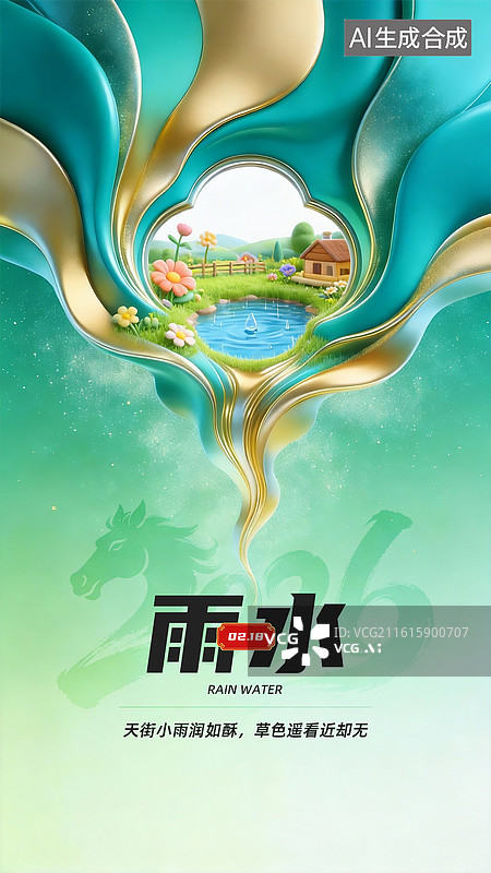 【AI数字艺术】24节气流体漏景海报—雨水图片素材
