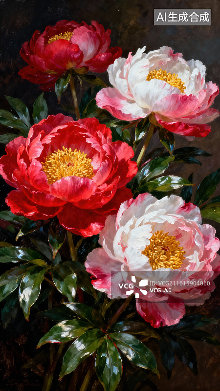 【AI数字艺术】红白牡丹花丛特写图片素材