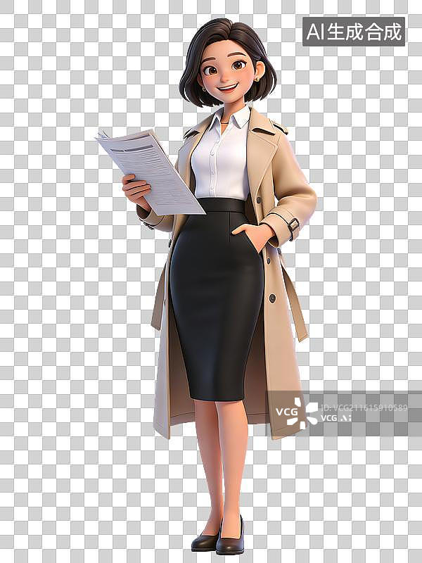 【AI数字艺术】年轻女性，面带微笑，手持文件，身穿米色风衣、白色衬衫、黑色铅笔裙和黑色高跟鞋，双手叉腰，姿态自信图片素材