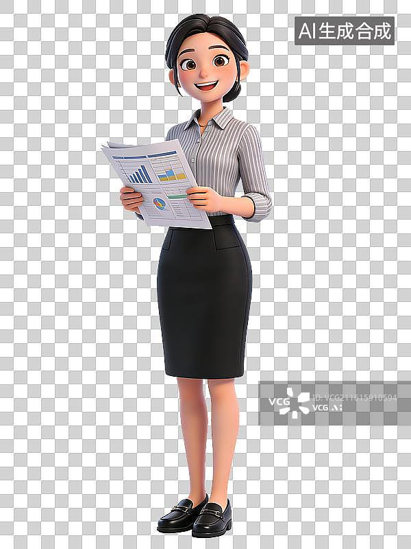 【AI数字艺术】一位年轻的女性，面带微笑，手持文件，穿着条纹衬衫、黑色铅笔裙和黑色皮鞋，是一名职场女性图片素材