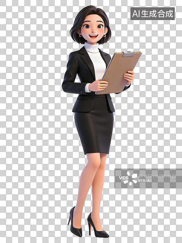 【AI数字艺术】年轻女性，面带微笑，手持文件夹，穿着黑色西装和高跟鞋，展现出职业女性的自信与专业形象图片素材