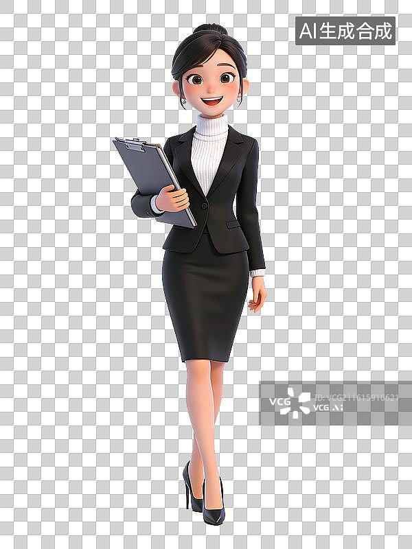 【AI数字艺术】一位年轻的职业女性，面带微笑，手持文件夹，身穿黑色西装和高跟鞋，显得专业而自信图片素材
