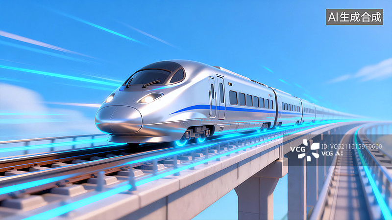 【AI数字艺术】高速行驶的银色列车3D卡通插画图片素材