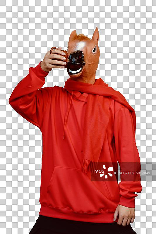 马年 节日 祝福 红衣 男青年 生肖 马 动物面具 拜年 传统文化图片素材