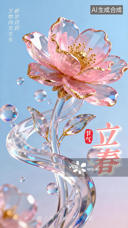 【AI数字艺术】鎏金透明质感春日花卉插画图片素材