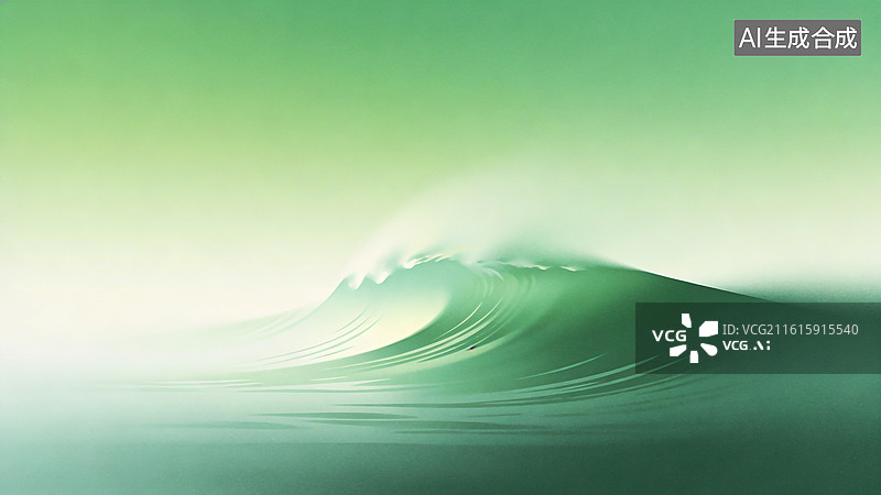 【AI数字艺术】绿色渐变背景下，海浪翻滚形成漩涡，展现出动感与自然之美图片素材