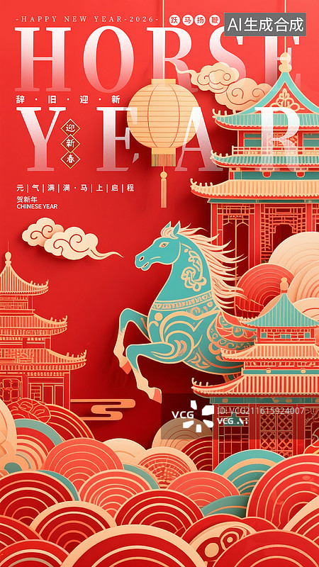 【AI数字艺术】中国红中式建筑鎏金骏马国风喜庆背景图，2026年马年中国新年剪纸祝福贺卡年画，贺新春年俗海报图片素材