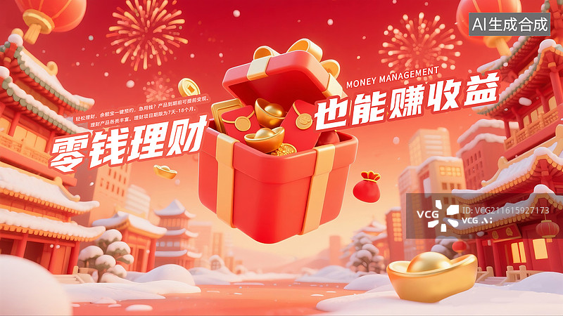 【AI数字艺术】2026年储蓄理财促销插画海报 ，C4D  红色背景 打开的礼盒装满金元宝和金币 3D街道和雪景背景图片素材