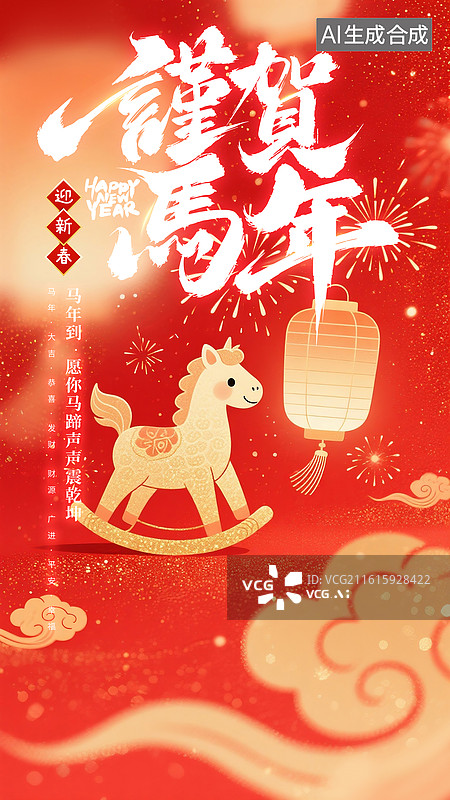 【AI数字艺术】2026马年中国新年祝福贺卡年画海报 年俗插画 可爱的两个摇摇马 金色祥云红色背景 竖版图片素材