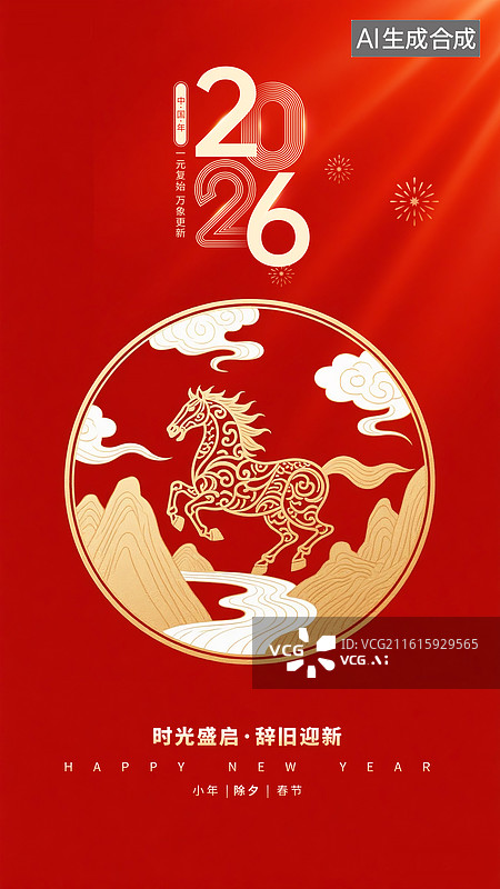 【AI数字艺术】2026马年中国新年祝福贺卡年画海报 红色背景上的金色马和祥云 群山图腾，竖版图片素材