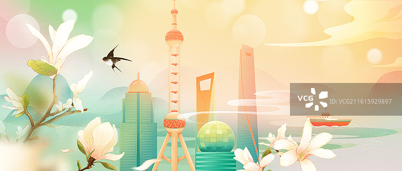 2025国风城市地标建筑印象上海 二十四节气插画 城市系列画册 上海金融区 玉兰花开 柳叶背景 横版图片素材