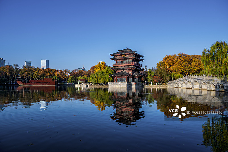 安徽省合肥市逍遥津公园秋色风光：逍遥湖与逍遥阁图片素材