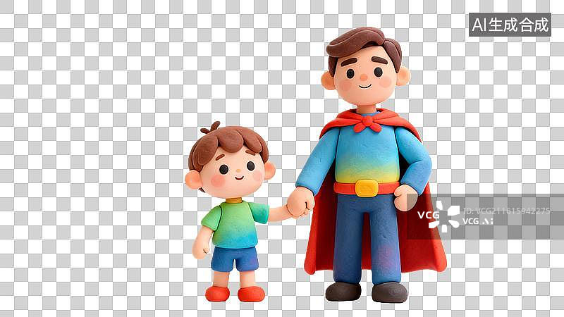 【AI数字艺术】超人爸爸牵儿子手 父子温馨牵手卡通   父亲节爸爸和孩子手牵手图片素材