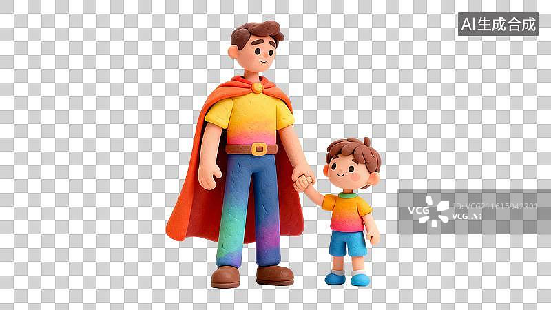 【AI数字艺术】超人爸爸牵儿子手 父子温馨牵手卡通   父亲节爸爸和孩子手牵手图片素材