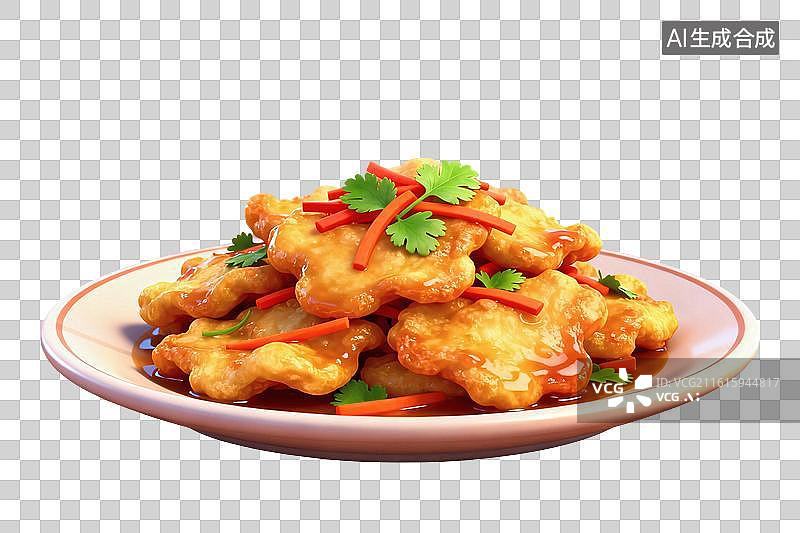 【AI数字艺术】卡通风格，一盘美味的锅包肉PNG格式的免扣元素图片素材