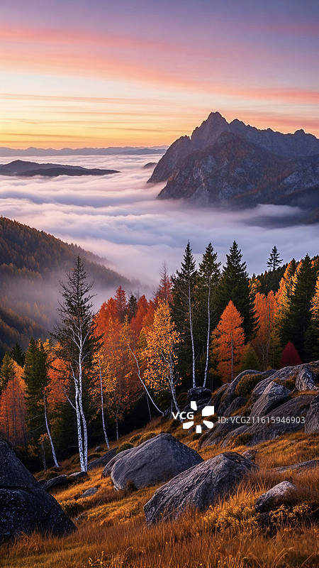 秋日山间日出云海美景图片素材