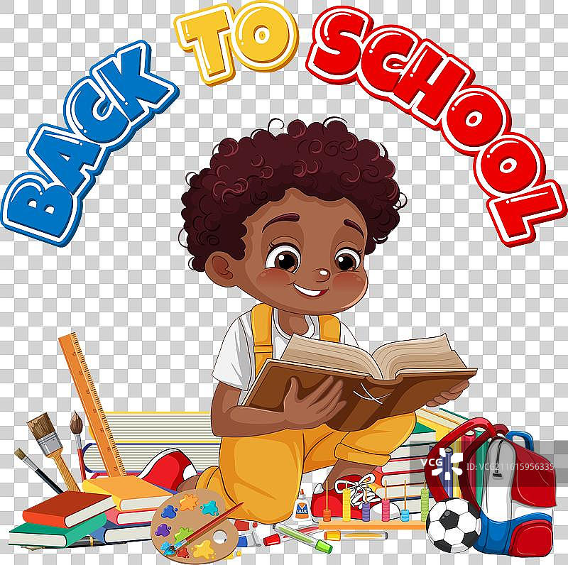 孩子在文具环绕下阅读图片素材