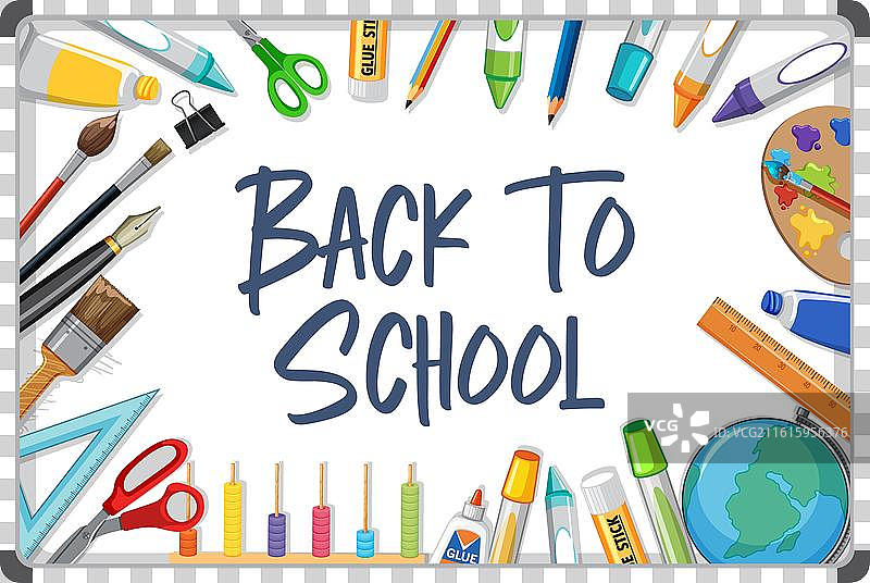 白板周围摆放的学校用品图片素材