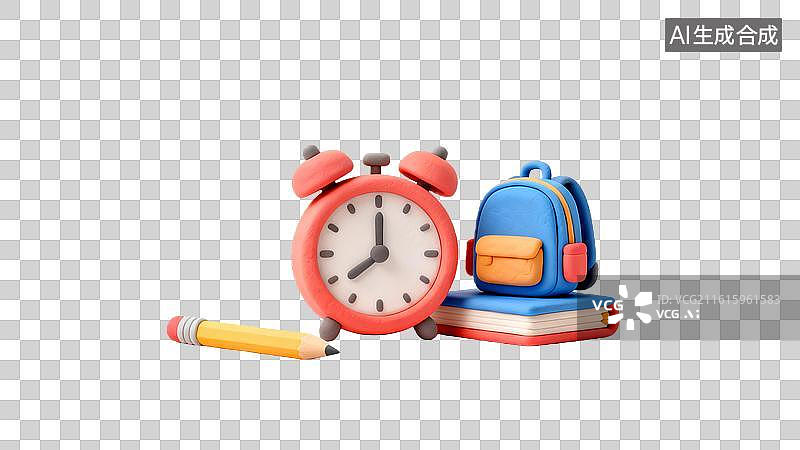 【AI数字艺术】开学季文具 闹钟书包铅笔摆件 卡通读书与学习教育概念   卡通文具组合 学习用品3D插画图片素材