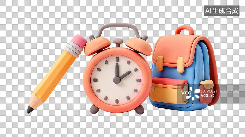 【AI数字艺术】开学季文具 闹钟书包铅笔摆件 卡通读书与学习教育概念   卡通文具组合 学习用品3D插画图片素材