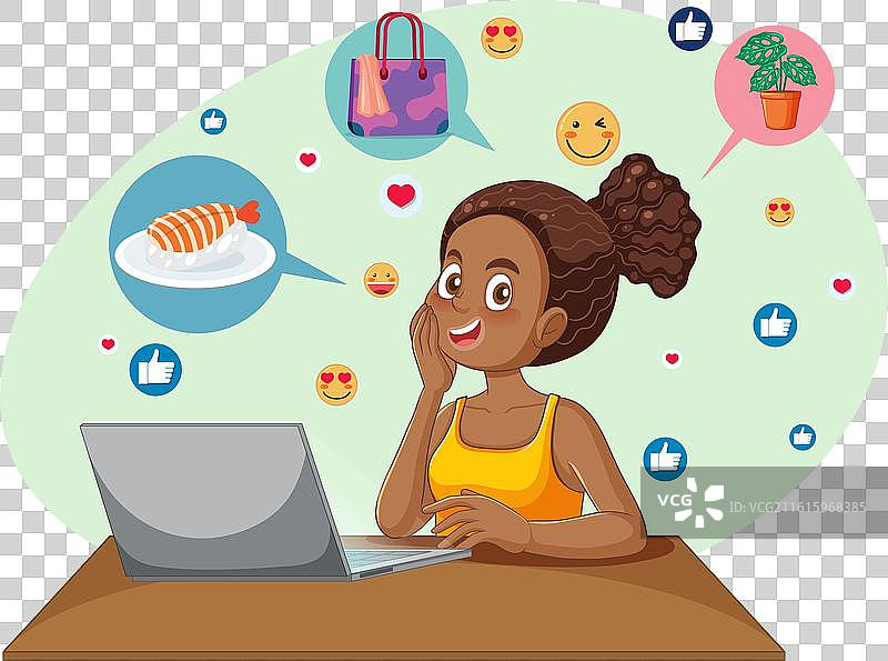 女子使用笔记本电脑，周围有各种图标图片素材