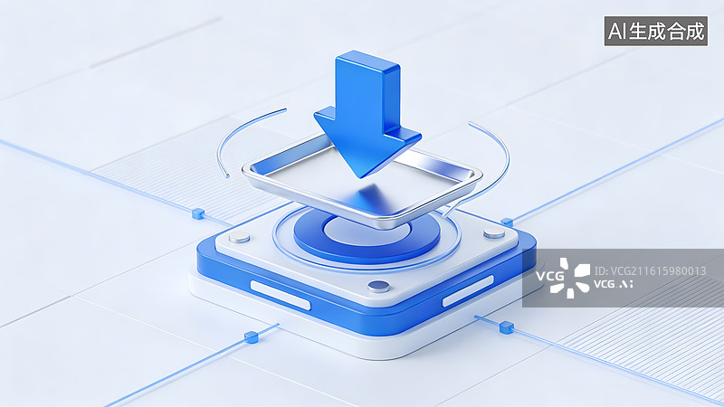 【AI数字艺术】蓝色下载箭头悬浮科技平台图片素材