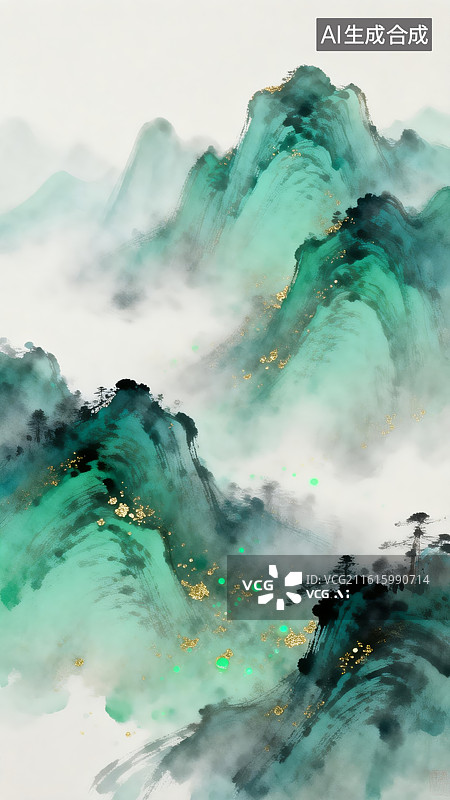 【AI数字艺术】青绿山水云雾缭绕图片素材