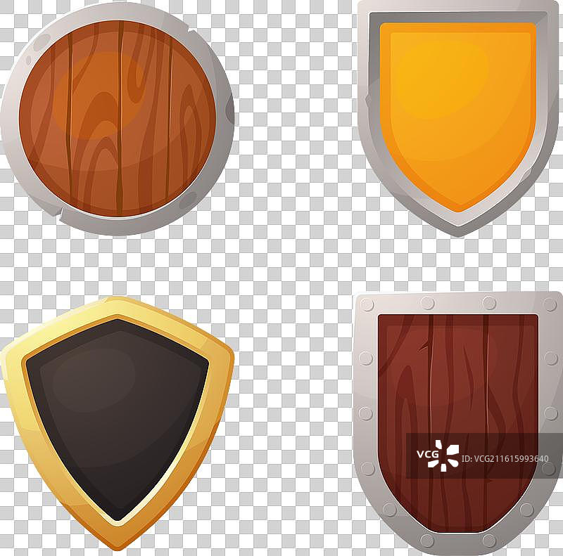 卡通游戏盾牌套装，包括木质和金属材质图片素材
