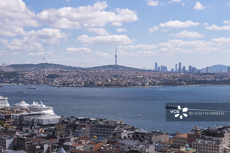 土耳其伊斯坦布尔：在加拉达石塔的观景台俯瞰博斯普鲁斯海峡和新老欧洲区天际线图片素材