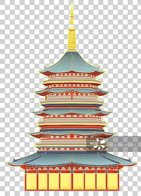 西湖雷峰塔国潮元素，国风杭州地标建筑雷峰塔，杭州西湖十景雷峰塔图片素材