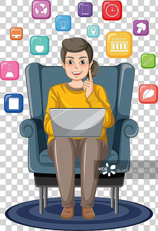 一名女子坐在笔记本电脑前，周围环绕着各种图标图片素材