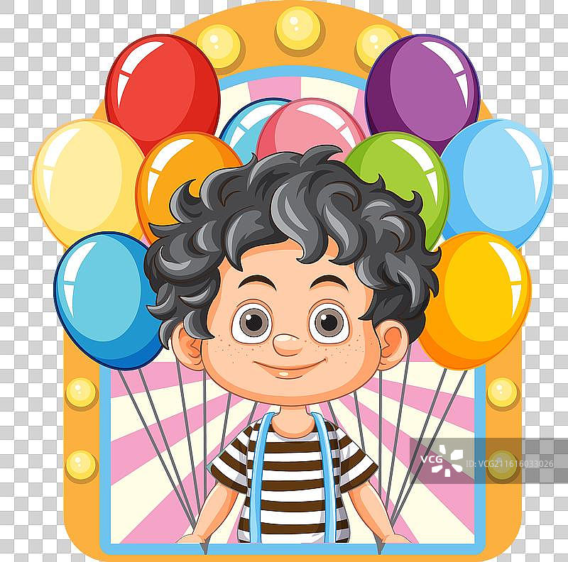 面带微笑的孩子手持色彩鲜艳的气球，充满欢乐图片素材