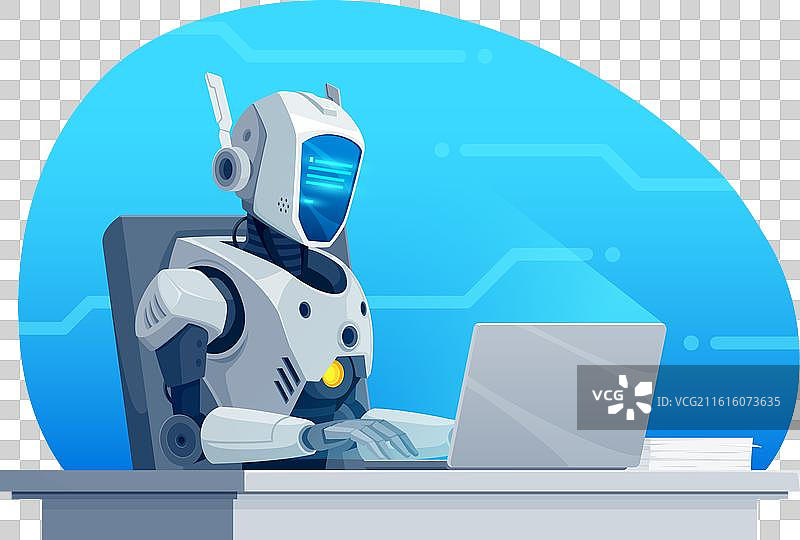 人工智能机器人作家或秘书在笔记本电脑上打字图片素材