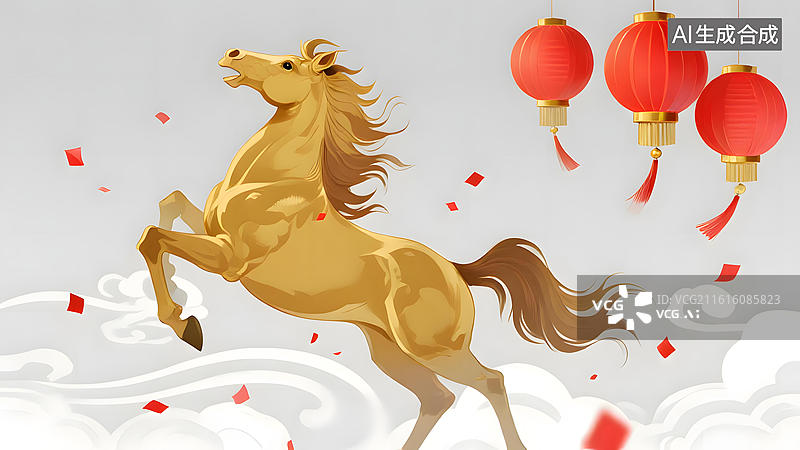 【AI数字艺术】金色骏马跃动红灯笼图片素材