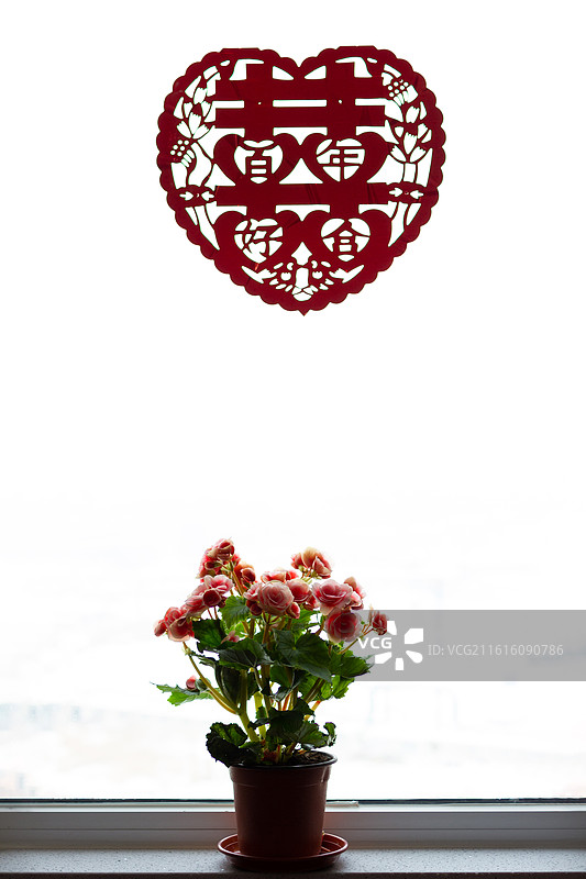 婚礼时窗户上的大红喜字与花卉图片素材