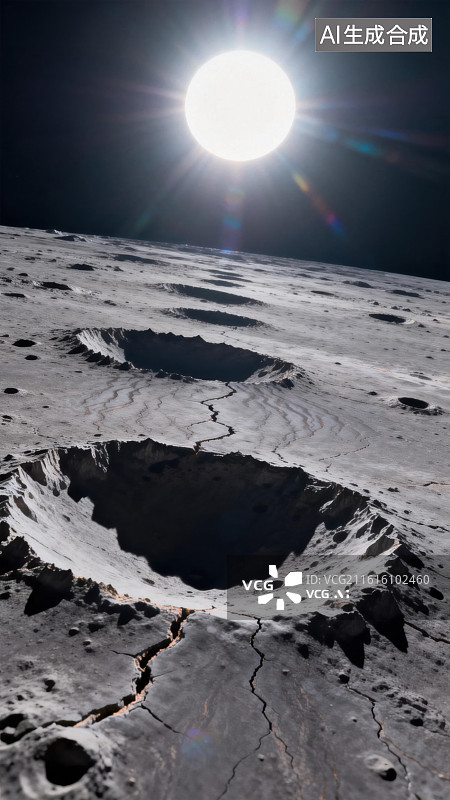 【AI数字艺术】月球表面陨石坑与阳光图片素材